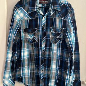 New Men's Western Blue Plaid Shirt